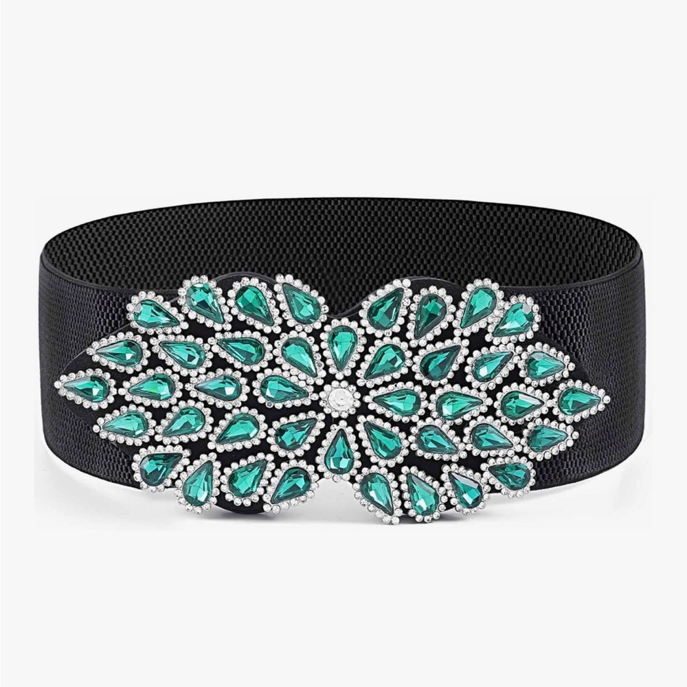 Rhinestone Stretch Belt Wide Green Dress